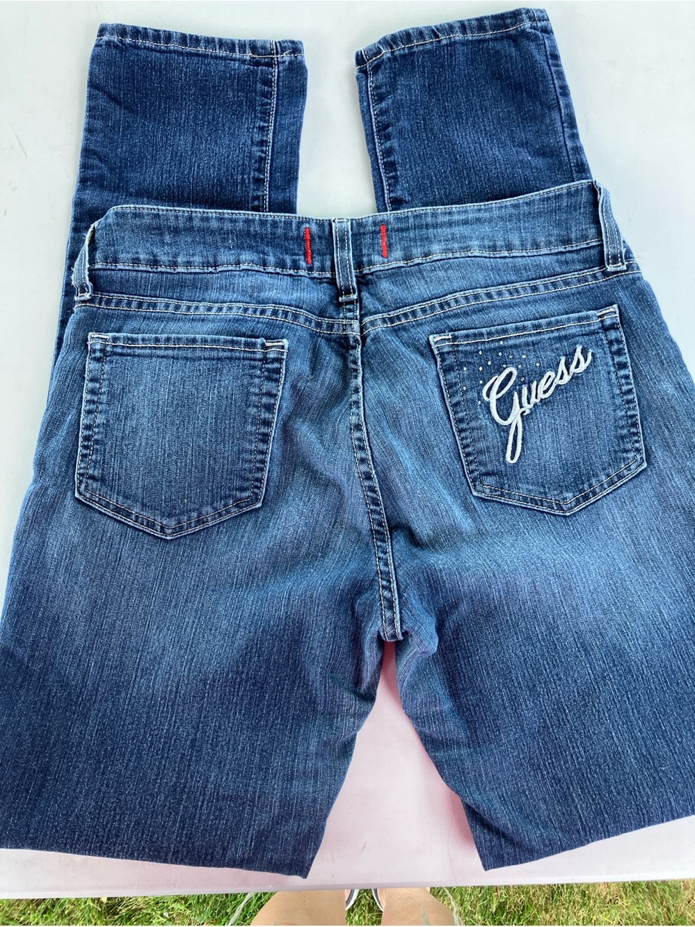 GUESS Women's Dark Blue Boot Cut Jeans with White Embroidered Logo